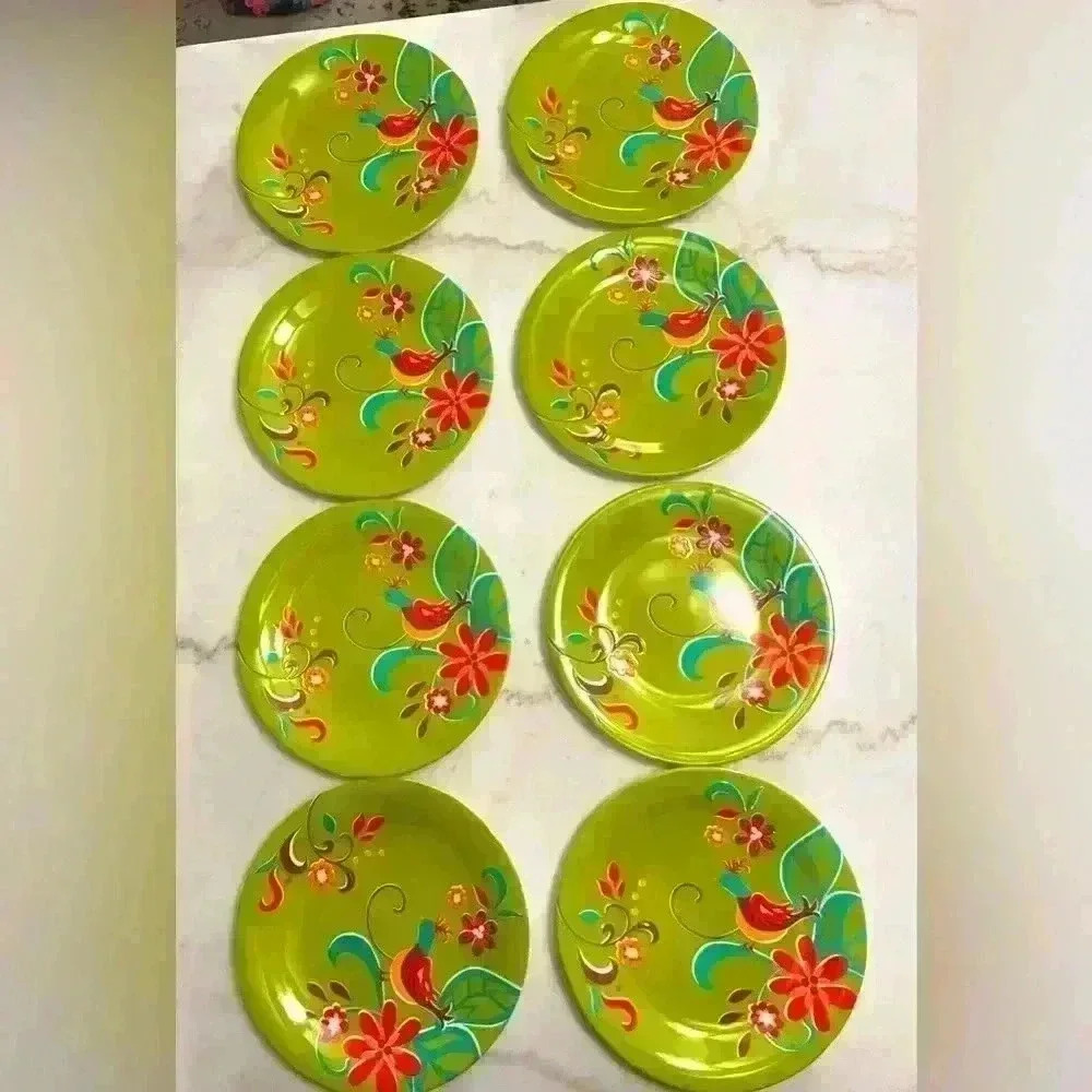 Pier 1 Imports Folksy Finch Bird Floral Green 8-PC Melamine Plate Set
